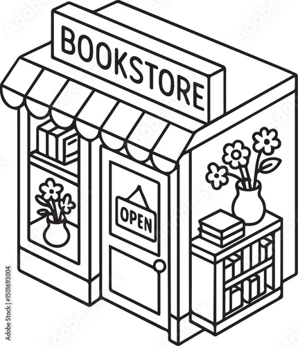 This is a detailed black and white drawing depicting a charming bookstore, featuring a sign that clearly states open for customers