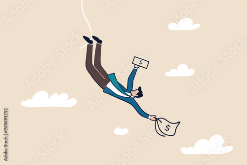 Investment risk, business challenge, adversity or take risk to earn more income, greed and fear in stock market downfall concept, skillful confident businessman bungee jumping to grab money banknote.
