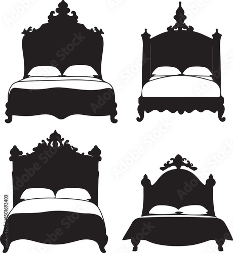 Ornate Silhouette Bed Set: Vintage Style Beds with Intricate Headboards, Detailed Furniture Design, Bedroom Decor, Vector Illustration