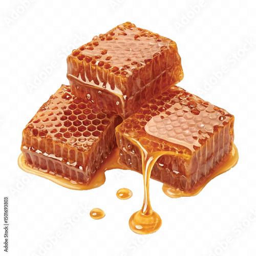 realistic fresh liquid honey dripping from a honeycomb isolated on a transparent background 