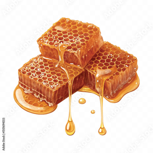 realistic fresh liquid honey dripping from a honeycomb isolated on a transparent background 