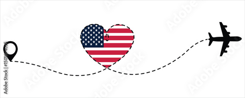 Airplane silhouette with dotted flight path and heart shape USA flag.