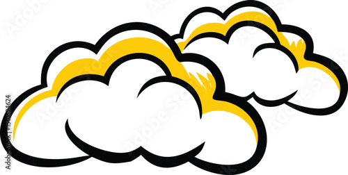 Cartoon clouds with yellow highlights on a white background viewed from a straightforward perspective