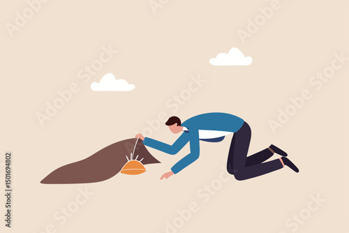 Finding bargain stock, hidden cost or expense, searching for yield or investment return concept, businessman successfully find golden dollar coin money under the carpet.