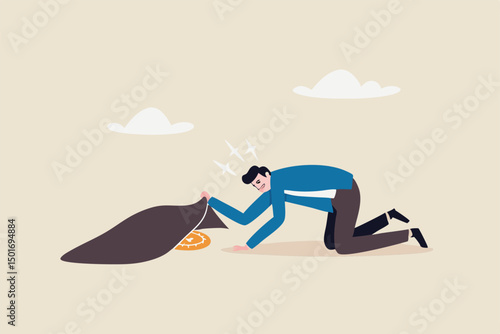 Finding bargain stock, hidden cost or expense, searching for yield or investment return concept, businessman successfully find golden dollar coin money under the carpet.