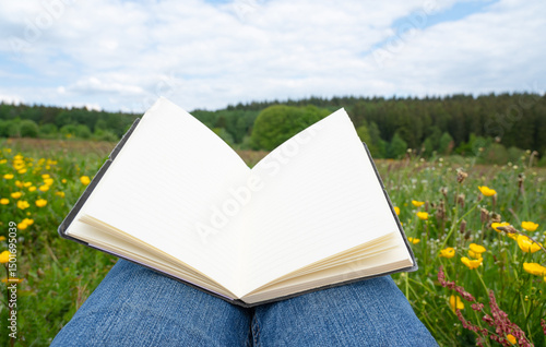 Blank book mockup, spring flower meadow with yellow buttercup blossoms, reading, writing activity in nature, notebook
