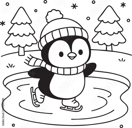 A captivating black and white drawing illustrating a charming penguin ice skating gracefully on a frozen pond during winter