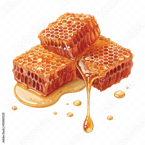 realistic fresh liquid honey dripping from a honeycomb isolated on a transparent background 