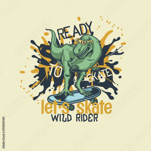 Lets Skate wild rier Dinosaur skating vector graphic design.eps