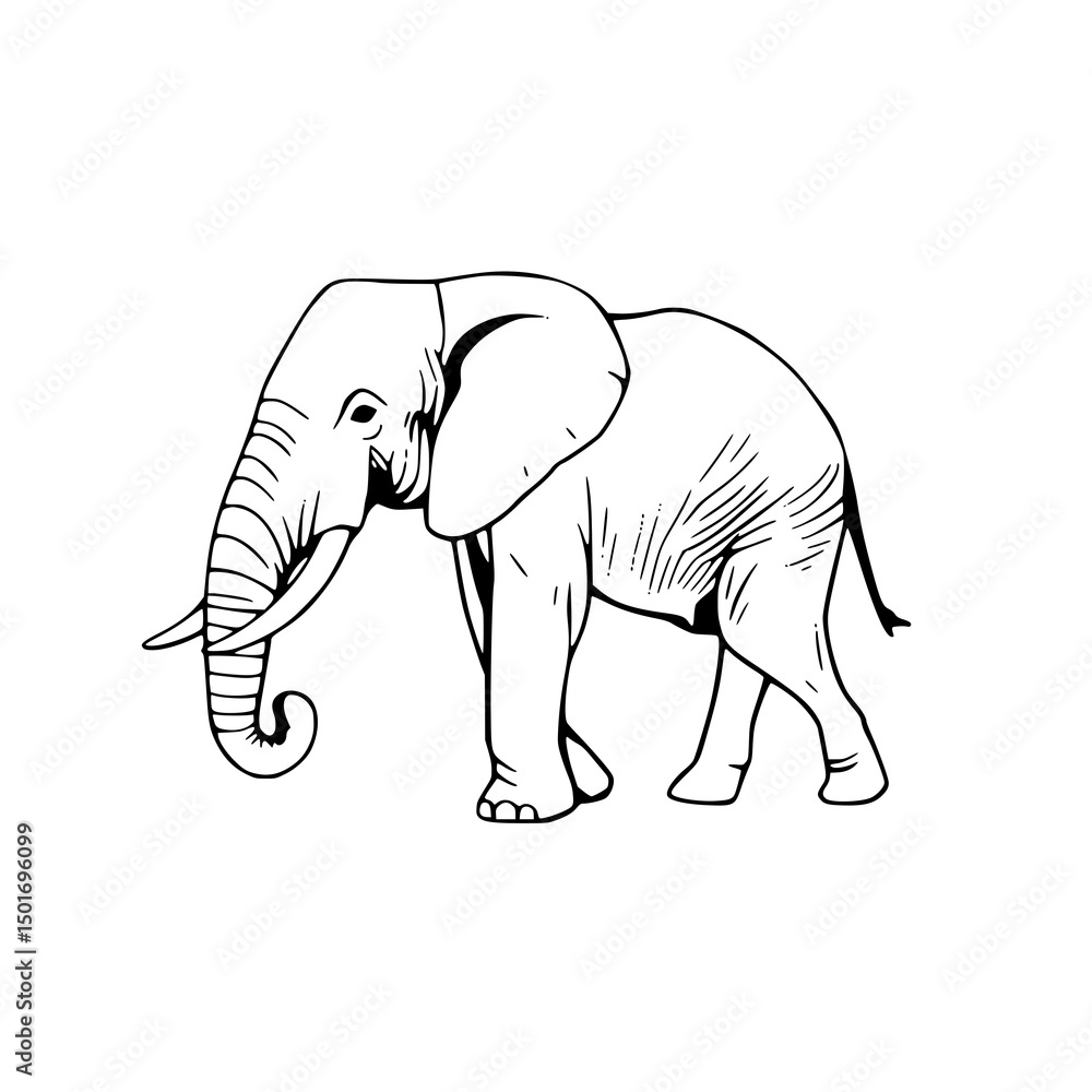 Obraz premium African Elephant Profile: A detailed, monochrome line art illustration depicts a majestic African elephant in profile, showcasing its large ears, tusks, and textured skin.