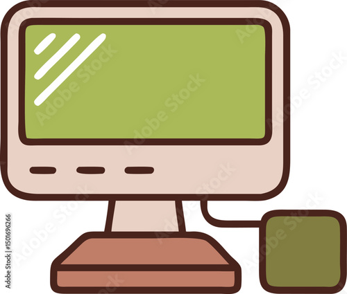 Illustration of a computer monitor displaying a green screen with a connected external hard drive beside it on a desktop