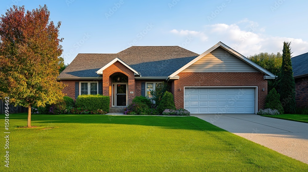 Modern suburban house with clean lines, bathed in soft afternoon light. Minimalist elegance in residential architecture. Modern suburban house with clean lines, bathed in soft afternoon light. Minimalist elegance in residential architecture.