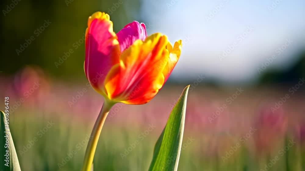 Vibrant tulip flower with red, yellow and pink petals, closeup on stem and green leaf in outdoor garden Vibrant tulip flower with red, yellow and pink petals, closeup on stem and green leaf in outdoor garden