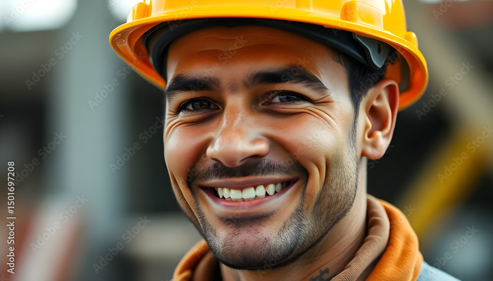 A smiling man wearing a hard hat, showcasing a positive attitude in a construction or work environment A smiling man wearing a hard hat, showcasing a positive attitude in a construction or work environment