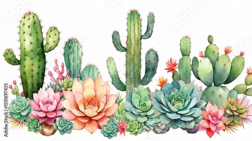 Watercolor of Floral horizontal border with blossom cacti and succulent on a white background.