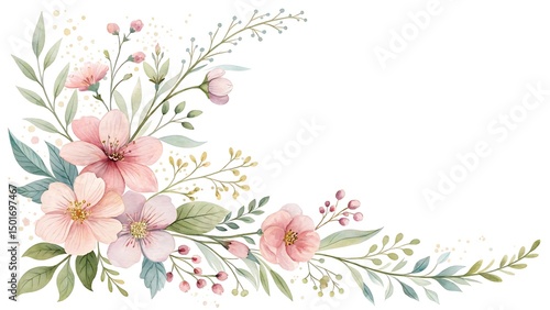 Watercolor floral frame arrangement with light pink blossoms and delicate green leaves