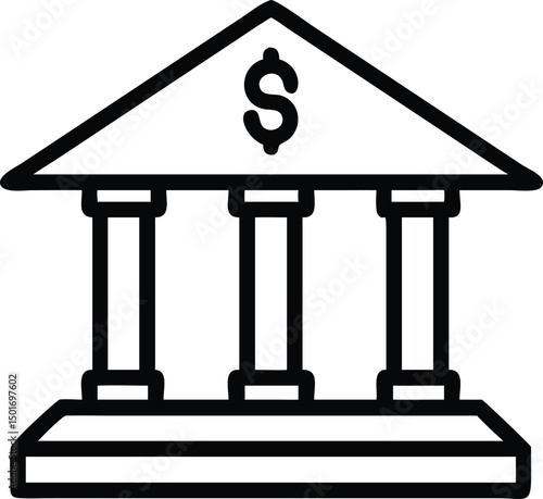 Simple illustration of a bank building with columns and a dollar sign on the roof viewed from the front
