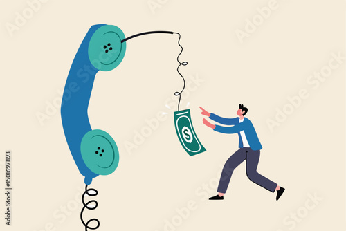Phone scam, telephone call lying about fake investment, fraud to steal money from victim, financial crime concept, greedy man chasing easy money bait from thief phone call lying for paying scams.