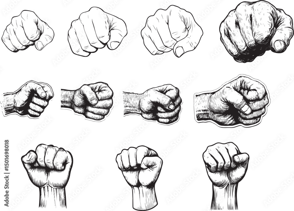 Fototapeta premium Hands Fists in Conflict Isolated, Fist hand drawing on a White Background. 