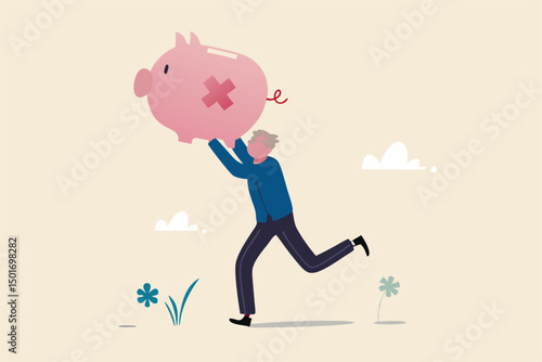 Poor retiree old man, broke losing all pension or retirement funds, financial problem, poverty or bankruptcy after retired concept, depressed worried old man shaking piggybank pension with no money.