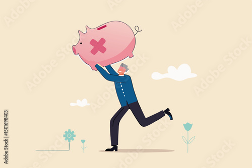 Poor retiree old man, broke losing all pension or retirement funds, financial problem, poverty or bankruptcy after retired concept, depressed worried old man shaking piggybank pension with no money.