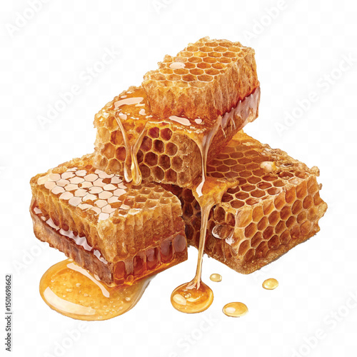 realistic fresh liquid honey dripping from a honeycomb isolated on a transparent background 