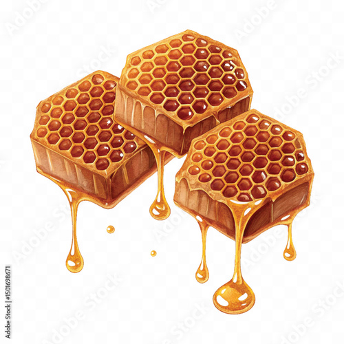 realistic fresh liquid honey dripping from a honeycomb isolated on a transparent background 