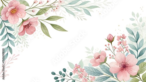 Watercolor floral frame with delicate pink flowers and pastel green foliage