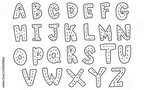 Cute set coloring hand drawn uppercase alphabet ABC letters font outline black color with striped road street tracing doodle kids illustration wall art transparent clipart poster nursery vector