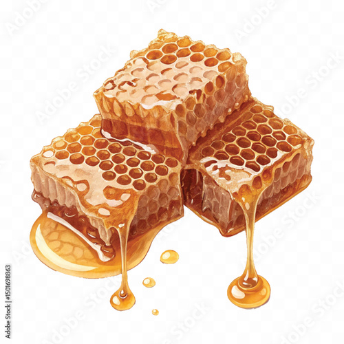 realistic fresh liquid honey dripping from a honeycomb isolated on a transparent background 