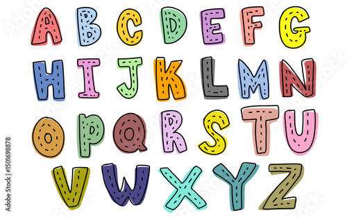 Cute set colorful hand drawn uppercase alphabet ABC letters font outline color with striped road street tracing doodle kids illustration wall art transparent clipart poster nursery vector