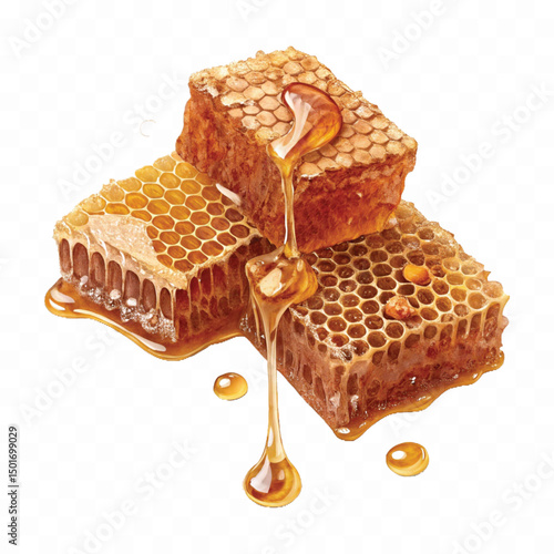 realistic fresh liquid honey dripping from a honeycomb isolated on a transparent background 