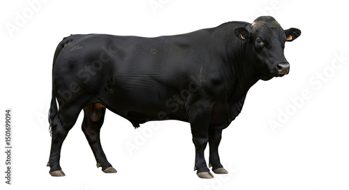 Full body shot of a majestic black Wagyu bull standing, isolated on a transparent PNG background. Represents premium beef, agriculture, and livestock farming.