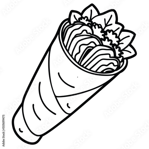 Food illustration of a kebab with various vegetables wrapped in a cone viewed from the side