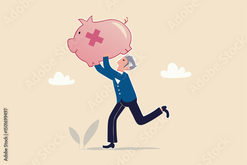 Poor retiree old man, broke losing all pension or retirement funds, financial problem, poverty or bankruptcy after retired concept, depressed worried old man shaking piggybank pension with no money.