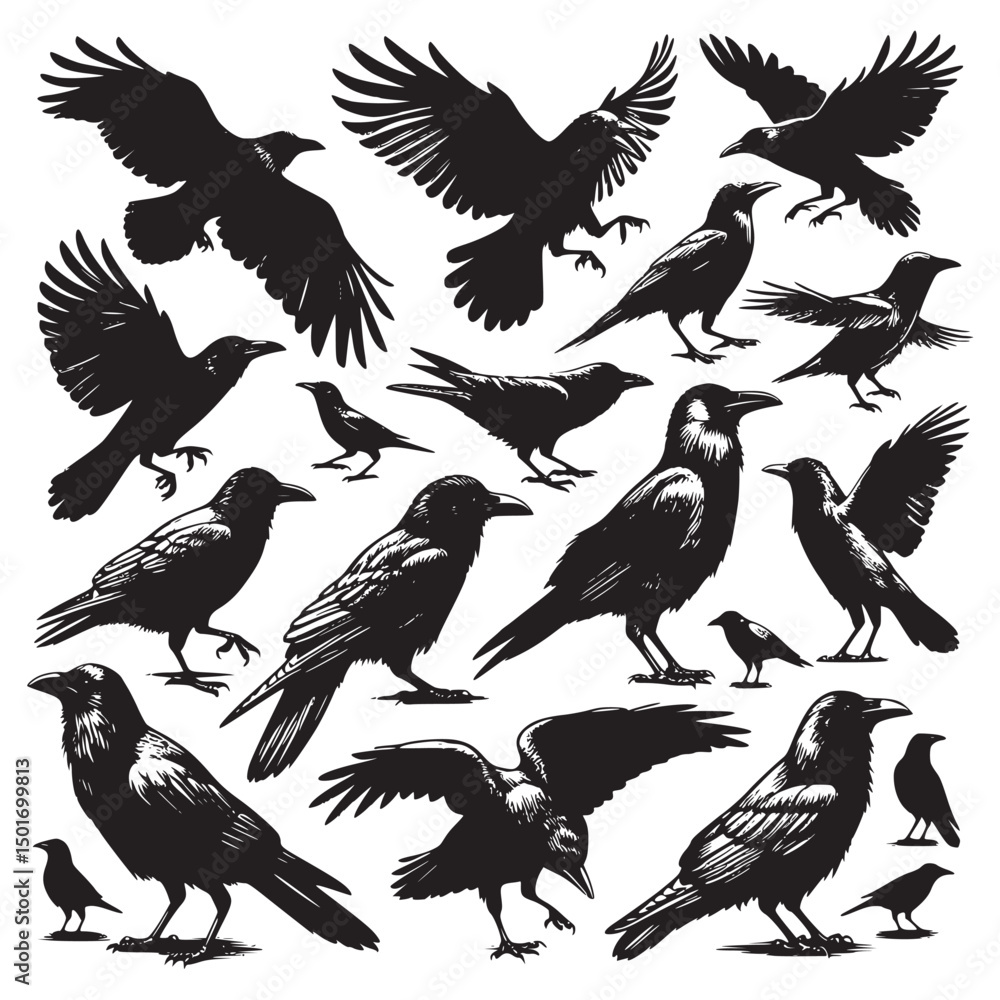 Obraz premium set of crow silhouettes with flying wings, a wildlife vector illustration of a bird symbol