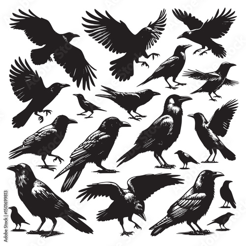 set of crow silhouettes with flying wings, a wildlife vector illustration of a bird symbol