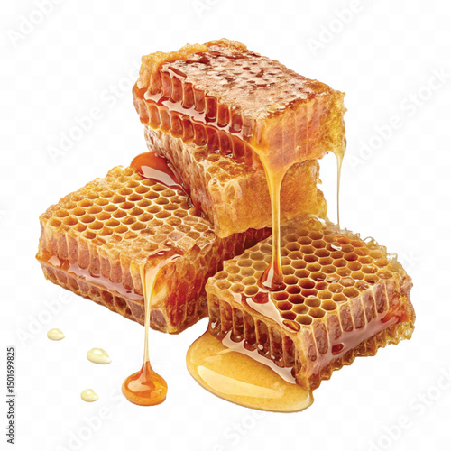 realistic fresh liquid honey dripping from a honeycomb isolated on a transparent background 