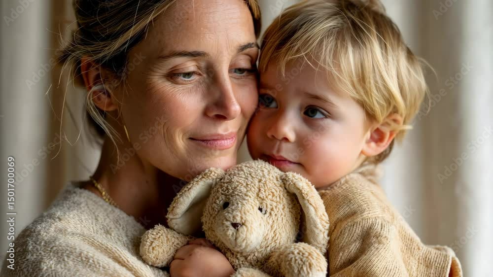 Tender moments of mother and child embracing with plush toy shifted over time Tender moments of mother and child embracing with plush toy shifted over time