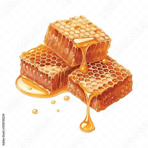 realistic fresh liquid honey dripping from a honeycomb isolated on a transparent background 