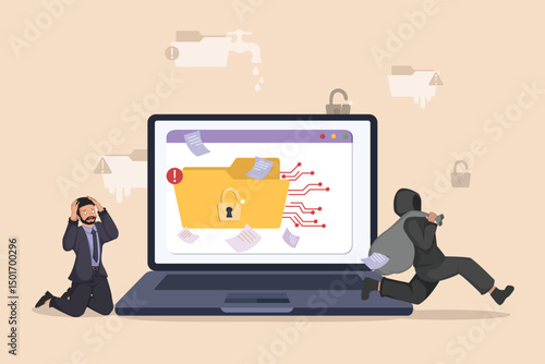 Cybersecurity Data Breach: Stressed Businessman Reacts to Information Theft by a Hacker Stealing Confidential Files from a Secure Folder on a Laptop.