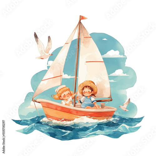 Two children enjoy a sunny day sailing on a small boat in calm waters while seagulls fly overhead