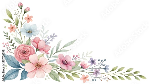Watercolor Floral Corner Arrangement with Roses, Blossoms, and Greenery on White Background
