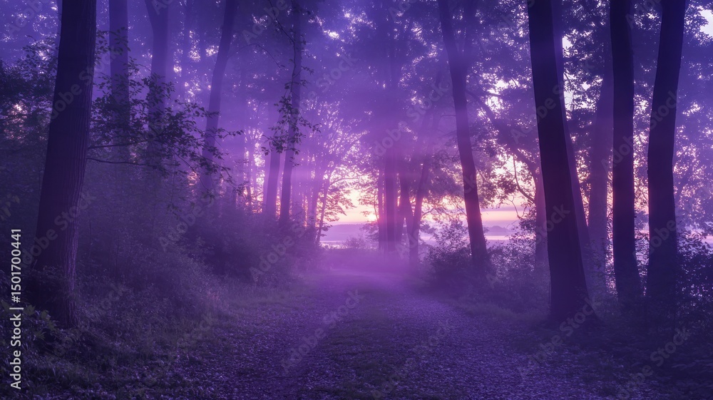 Fototapeta premium Afterglow in the Woods – Surreal Violet Forest Trail