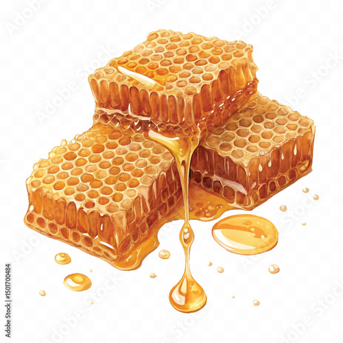 realistic fresh liquid honey dripping from a honeycomb isolated on a transparent background 