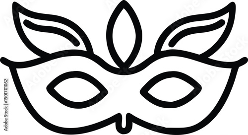 A simple black line drawing of a masquerade mask with floral elements on a plain background
