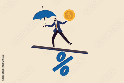 Central bank money policy for inflation or interest rate, balance between profit and loss, financial challenge or risk, economic recover concept, businessman leader balance himself on percentage sign.