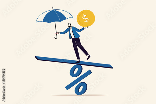 Central bank money policy for inflation or interest rate, balance between profit and loss, financial challenge or risk, economic recover concept, businessman leader balance himself on percentage sign.