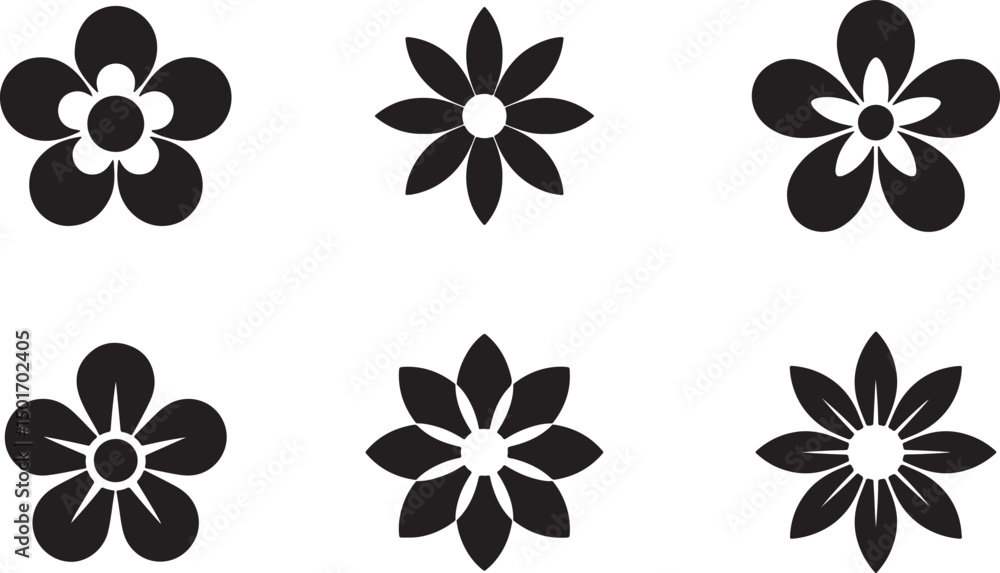 Fototapeta premium Six Flower Silhouettes Set, Various Petal Styles on Transparent Background