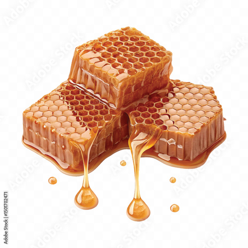 realistic fresh liquid honey dripping from a honeycomb isolated on a transparent background 